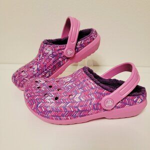 Crocs Kids Size 3 Classic Fuzzy Lined Graphic Clogs Party Pink EUC